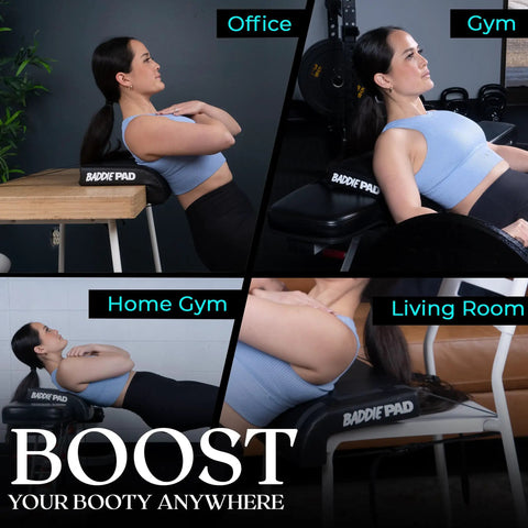 Woman using Hip Thrust Pad For Back, Shoulder And Neck Support, Cushioned Barbell Pad for Weight Lifting in various locations.