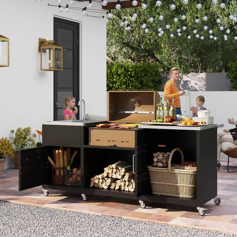 80 Inch Outdoor Grill Table With Sink And Drainage, Heavy Duty Metal Cart With Cabinet And Removable Stainless Steel Top in patio setting