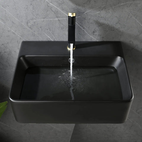 Black Ceramic Rectangular Wall Mount Sink 21 By 17 Inches Vessel Style Bathroom Vanity With Sleek Modern Floating Or Countertop Lavatory Wall Mounted Or Above Counter Install Crystal Glaze Finish