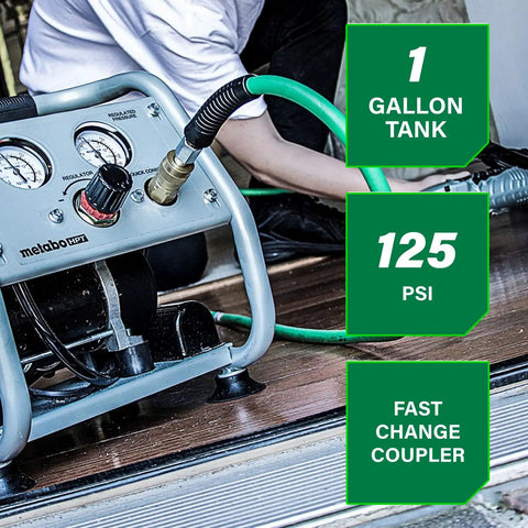 Ultra Quiet 1 Gallon Oil Free Portable Air Compressor With 59 dB Operation Universal Quick Coupler in use, close-up view