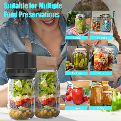 Electric Mason Jar Vacuum Sealer Kit With Auto Stop For Wide Mouth And Regular Mouth Jars on a kitchen counter