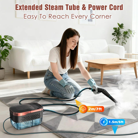 Badass Steam Cleaner Rapid 15 Second Heat Up With 4 Bar Pressure And 6 Adjustments 42 Oz Big Tank extended steam tube in use.