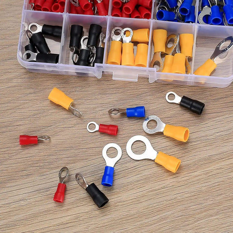 Assorted insulated connectors from 102 Piece Wire Terminal Crimp Kit Must Have With Insulated O Ring Connectors, Mixed Quick Disconnects