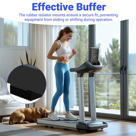 Woman jogging on treadmill with Six Pack Shock Pads For Air Conditioners Washing Machines Dryers Treadmills And Equipment visible inset
