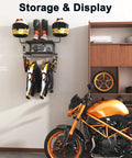 2-Tier Motorcycle Helmet Wall Mount Rack With Hat Stands displaying helmets, jackets, gloves, and gear in a garage setting.