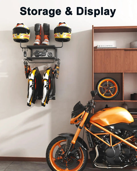 2-Tier Motorcycle Helmet Wall Mount Rack With Hat Stands displaying helmets, jackets, gloves, and gear in a garage setting.