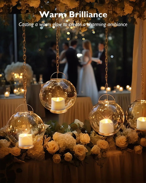 Hanging glass globes with 12 Count Flickering Flameless LED Tea Lights Battery Operated With Melted Wax Look at wedding event.