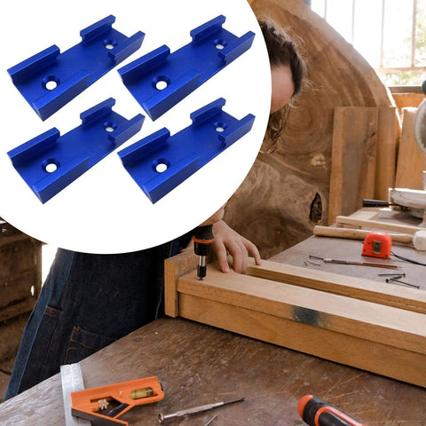 Four Piece T Slot Woodworking Tracks Set With Double Cut Profiles For Universal Cross Connectors In Woodworking Jigs Pro Grade Aluminum Alloy Blue Finish For Smooth Wear Resistant Operation displayed with woodworking tools on a table.