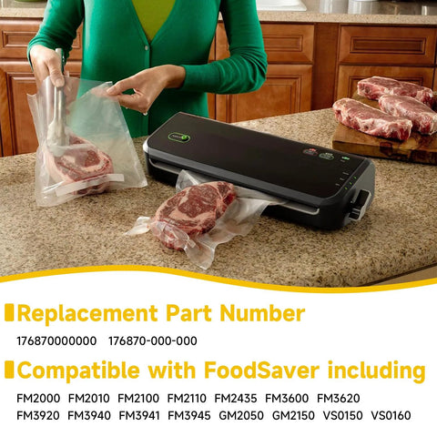 LEYURISE 2-pack foam replacement gaskets for FoodSaver; front view on kitchen counter with meat.