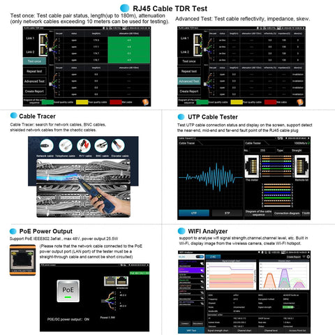 All In One Handheld OTDR Fiber Optic Tester For Field Techs With 1310nm 1550nm 28dB 26dB showing RJ45 Cable TDR and test features