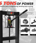 Front view of Beefy 6 Ton H Frame Hydraulic Shop Press with adjustable floor stand and stamping plates for auto garages.