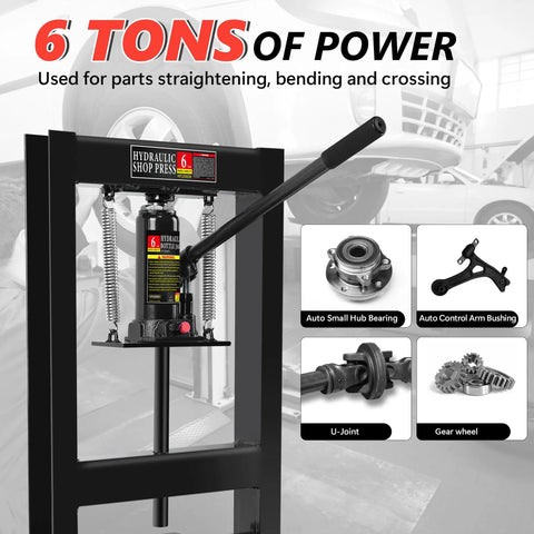 Front view of Beefy 6 Ton H Frame Hydraulic Shop Press with adjustable floor stand and stamping plates for auto garages.