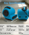 Air Mover Blower Fan 280W 1/2 HP Copper Motor Delivers 2500 CFM For Fast Carpet And Floor Drying, with dimensions and key specs