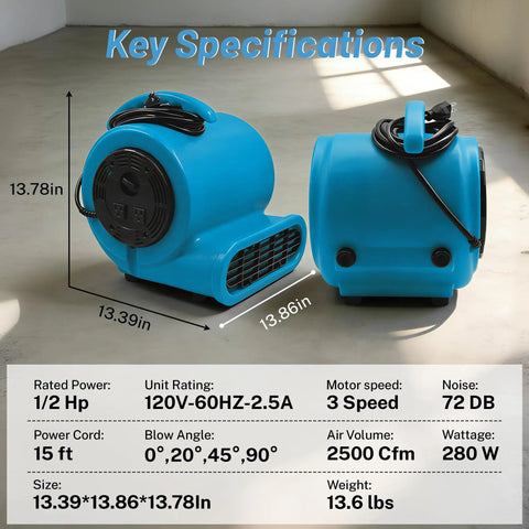 Air Mover Blower Fan 280W 1/2 HP Copper Motor Delivers 2500 CFM For Fast Carpet And Floor Drying, with dimensions and key specs