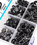 306-Piece Black Nylon R-Type Cable Clamps Kit With Screws For Easy Wire Management, organized in a plastic box