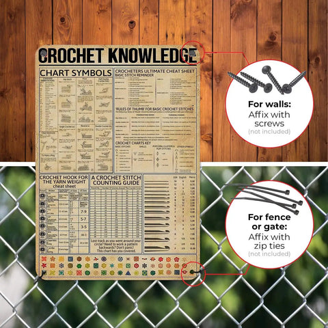 Vintage Crochet Knowledge Tin Sign With Ultimate Crochet Cheat Sheet Poster displayed on wooden wall and fence, 12x16 Inches