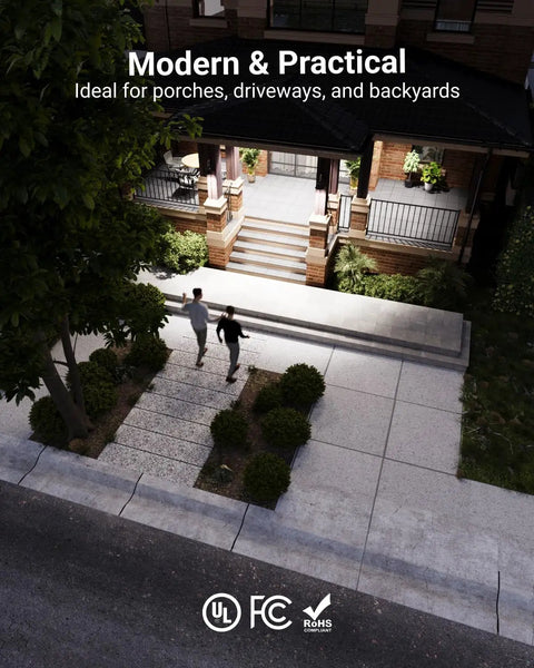 PAR38 LED Dusk To Dawn Outdoor Flood Light Bulb 150W Equivalent 5000K Daylight illuminating porch and driveway
