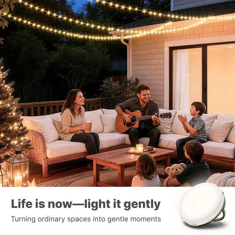Family enjoying evening outdoors with Solar Camping String Lights With Built In 5400mAh Power Bank USB Charger 11 Modes