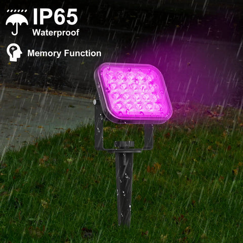 RGBW Landscape Lighting System With Remote And Transformer, Low Voltage Outdoor Color Changing LED Spots, IP65, purple light in rain