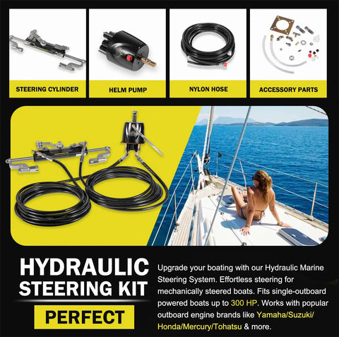 Plug And Play Hydraulic Steering Kit For Single Outboard Boats Up To 300Hp With Heavy Duty Steel Helm Pump Twin Reinforced Lines And Zero Play Lock Valve For Smooth Sailin