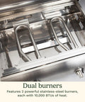 Close-up of dual 10,000 BTU burners in Chef's Style Tabletop Portable Propane Grill With 20,000 BTU Stainless Steel Two-Burner Outdoor Gas Grill For Camping, Tailgating, And BBQ, Hassle-Free Setup With Twist-Start Ignition CGG-306.