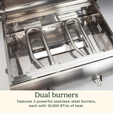 Close-up of dual 10,000 BTU burners in Chef's Style Tabletop Portable Propane Grill With 20,000 BTU Stainless Steel Two-Burner Outdoor Gas Grill For Camping, Tailgating, And BBQ, Hassle-Free Setup With Twist-Start Ignition CGG-306.
