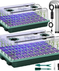 Two Pack Seed Starter Tray With Grow Light showing 80-cell germination trays, humidity domes, and adjustable grow lights for indoor gardening.