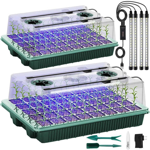 Two Pack Seed Starter Tray With Grow Light showing 80-cell germination trays, humidity domes, and adjustable grow lights for indoor gardening.