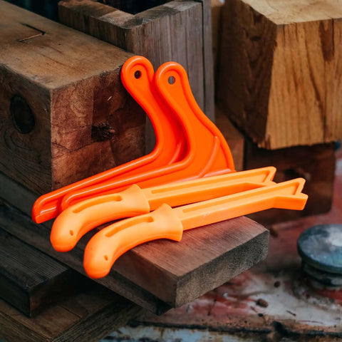4 Pack Safety Push Sticks Set For Table Saw And Jointer, V Style Push Blocks And Straight Push Sticks, bright orange, on wood surface.