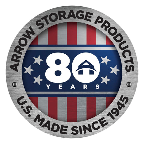 Arrow Storage Products 80 Years logo with stars and stripes design, U.S. made since 1945