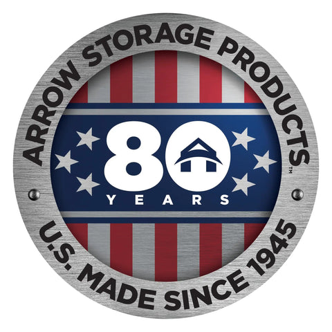 Arrow Storage Products 80 Years logo with stars and stripes, U.S. Made Since 1945.