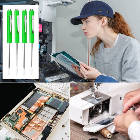 10-Piece Pocket Screwdriver Set With Magnetic Clips, green handles, used for electronics, sewing machine, and office repairs.