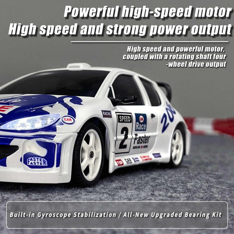 1/28 Scale RC Drift Car GTR 2.4GHz 4WD RTR With Gyro Drift Tires Realistic Body Proportional Steering Easy Setup For Beginners And Hobbyists To Nail Tight Drifts And Fast Laps, white and blue car