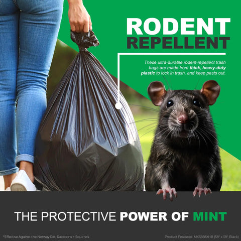 Person holding heavy-duty black Rodent-Repellent Trash Bags With Drawstring And Mint-Flex Technology, 33 Gallon for outdoor use.