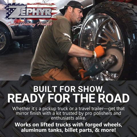 Man using Ultra Shine Aluminum Wheel Polishing Kit With 10 Inch Buffs For A Deep Mirror Finish On Forged Wheels, Semi Trucks