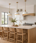 Caiselee 13 in Dome Pendant Light, 1-Light White and Gold Pendant Lighting over kitchen island with wooden stools.