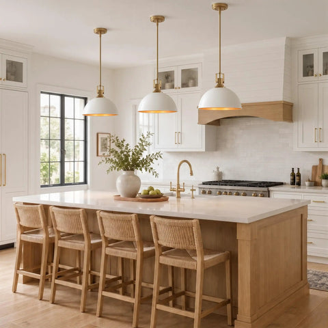 Caiselee 13 in Dome Pendant Light, 1-Light White and Gold Pendant Lighting over kitchen island with wooden stools.