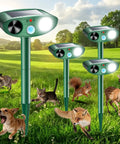 Solar Powered Ultrasonic Animal Repellent With Motion Sensor LED Lights Keeps Critters Out Of Your Yard Garden And Lawn Deer Squirrel Cat Raccoon Rabbit Dog Deterrent Device in green stake design