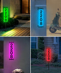 Collage of Solar Address Sign With Remote Control LED House Numbers displaying '2208' in multicolor outdoors.
