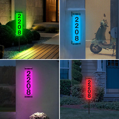 Collage of Solar Address Sign With Remote Control LED House Numbers displaying '2208' in multicolor outdoors.
