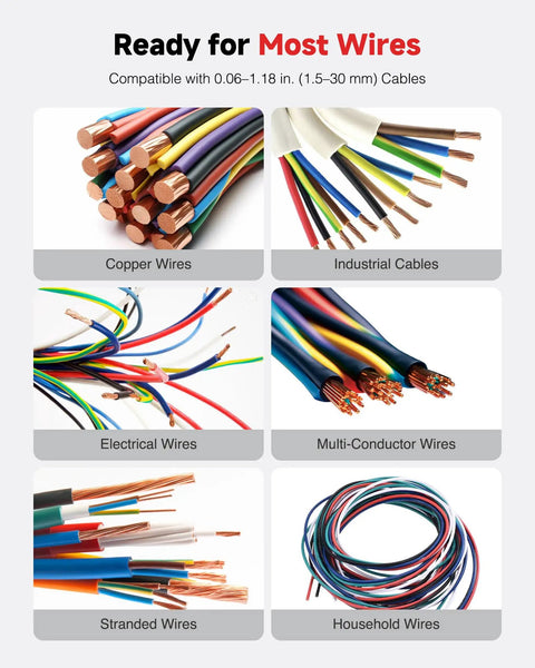 Image showing various wire types, including copper, industrial, electrical, and household wires for 250W Automatic Wire Stripper Machine With Adjustable Speed For 0.06 To 1.18 Inch Cables, Fast Electric Wire Stripping Tool For 1.5 To 30 Mm Scrap Copper Cable Recycling