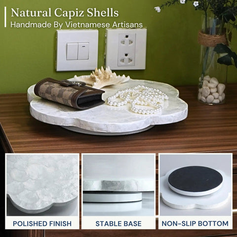 Genuine White Capiz Shell Rotating Lazy Susan Serving Tray For Dining Tables Features Scalloped Design, polished finish and stable base.