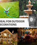 Outdoor Weatherproof Timer Outlet With 24 Hour Mechanical Light Timer, 2 Grounded Outlets For Home And Garden, shown with fountain and lights
