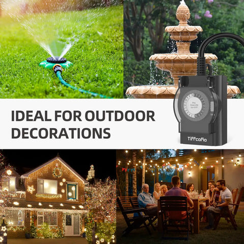 Outdoor Weatherproof Timer Outlet With 24 Hour Mechanical Light Timer, 2 Grounded Outlets For Home And Garden, shown with fountain and lights