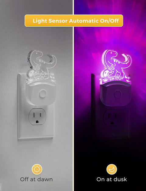 Dinosaur Night Light For Kids And Boys Plug In LED Nightlight with dusk to dawn sensor, showing off and on modes.