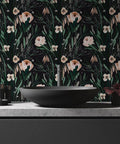 Dope Boho Floral Peel And Stick Wallpaper Black Background With Green Leaves And Pink Flowers 17.7 Inches Wide By 315 Inches Long