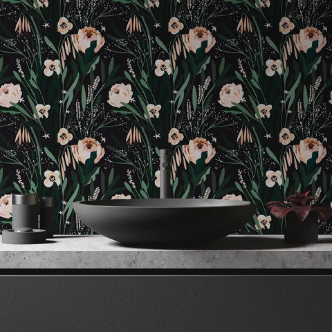 Dope Boho Floral Peel And Stick Wallpaper Black Background With Green Leaves And Pink Flowers 17.7 Inches Wide By 315 Inches Long