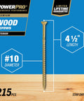 Exterior Wood Screws Bronze Ten By Four And A Half Inch Self Starting Tip With T25 Bit For All Purpose Outdoor Decking And Other Wood Projects Epoxy Coated For Corrosion Resistance 215 Piece Set, image showing a single screw with dimensions.