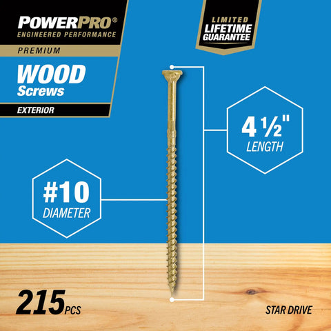 Exterior Wood Screws Bronze Ten By Four And A Half Inch Self Starting Tip With T25 Bit For All Purpose Outdoor Decking And Other Wood Projects Epoxy Coated For Corrosion Resistance 215 Piece Set, image showing a single screw with dimensions.