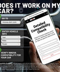 Smartphone showing vehicle compatibility check for OBD2 Scanner For ABS And SRS Codes, Check Engine Light Diagnostic Tool.